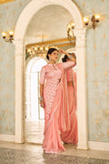 Teeya Creation Peach Color Chinnon Silk Embroidery Work Ready To Wear Saree With Stitched blouse