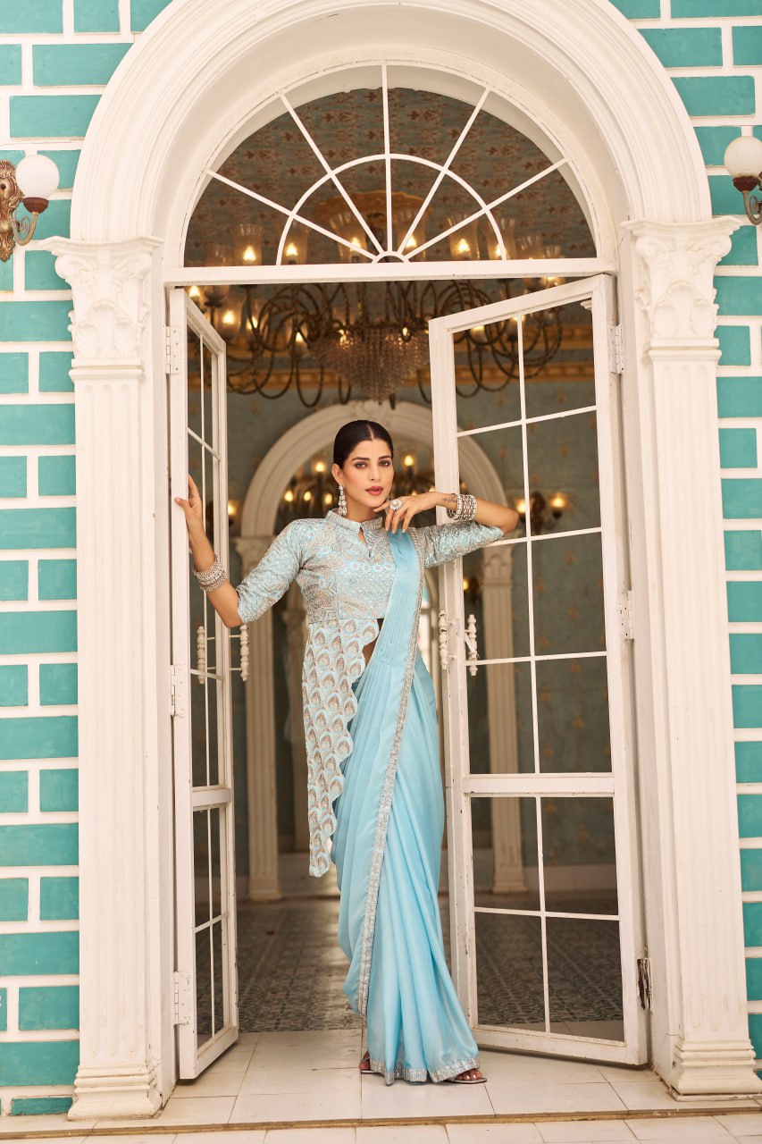 Teeya Creation Sky Color Chinnon Silk Embroidery Work Ready To Wear Saree With Stitched blouse