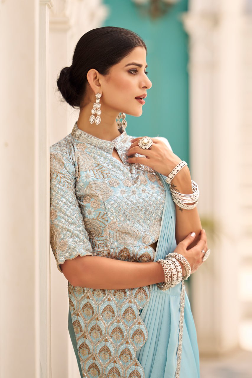 Teeya Creation Sky Color Chinnon Silk Embroidery Work Ready To Wear Saree With Stitched blouse
