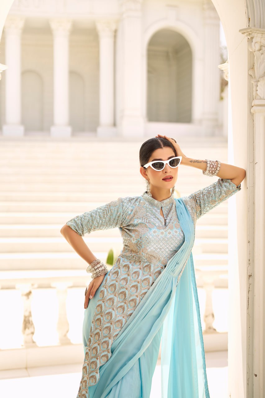 Teeya Creation Sky Color Chinnon Silk Embroidery Work Ready To Wear Saree With Stitched blouse