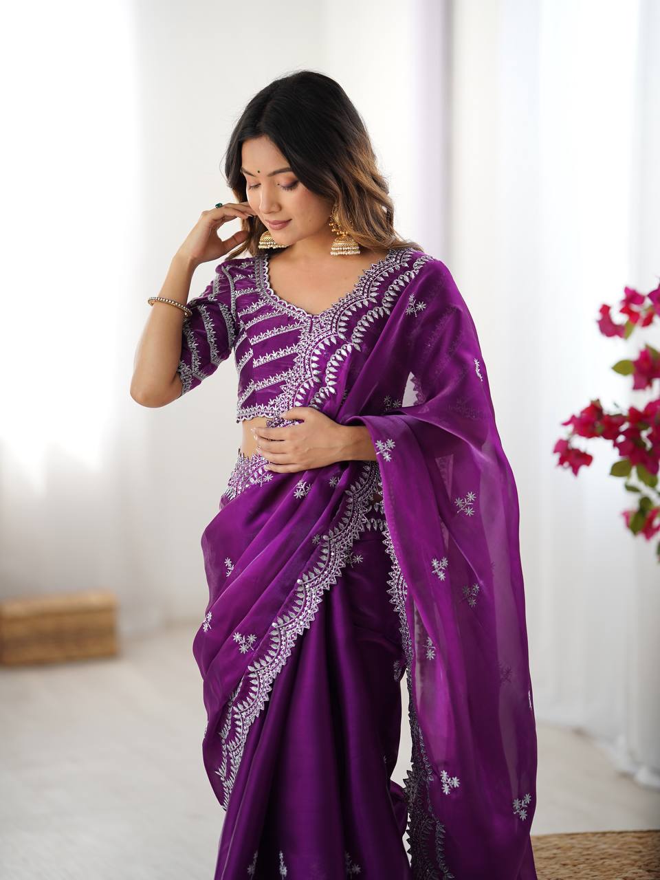 Teeya Creation Purple Color Jimichhu Silk Embroidery Work Saree