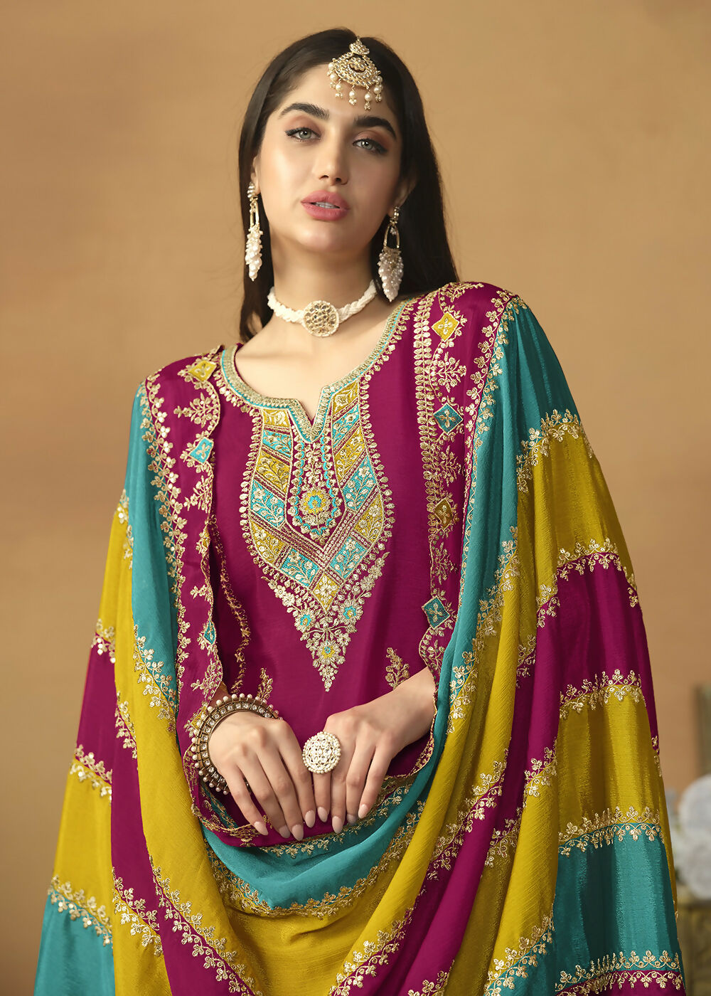 Chinnon Silk Pink Salwar Suit with Multicolor Dupatta - Emponline