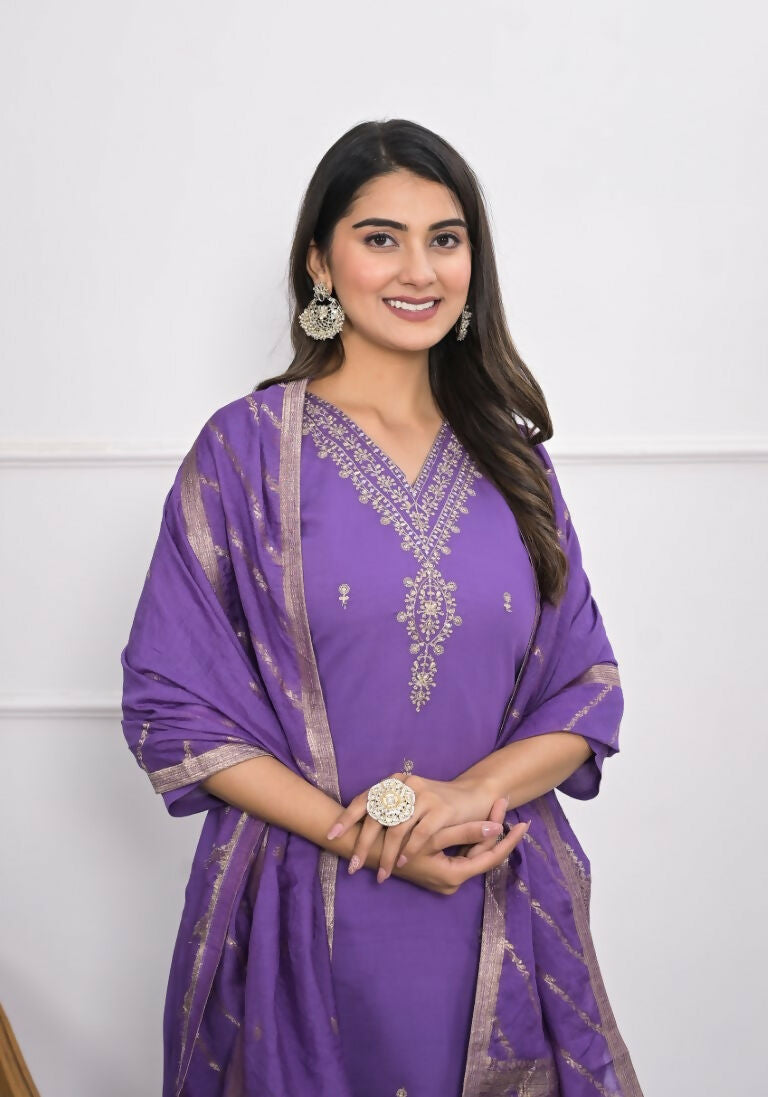 Purple Viscose Silk Embroidery with Thread and sequence Stitched Suit With Dupatta - Tanisha