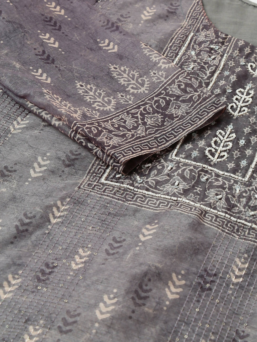 Grey Chinon Digital Printed With Hand Work Kurta - Himanshi