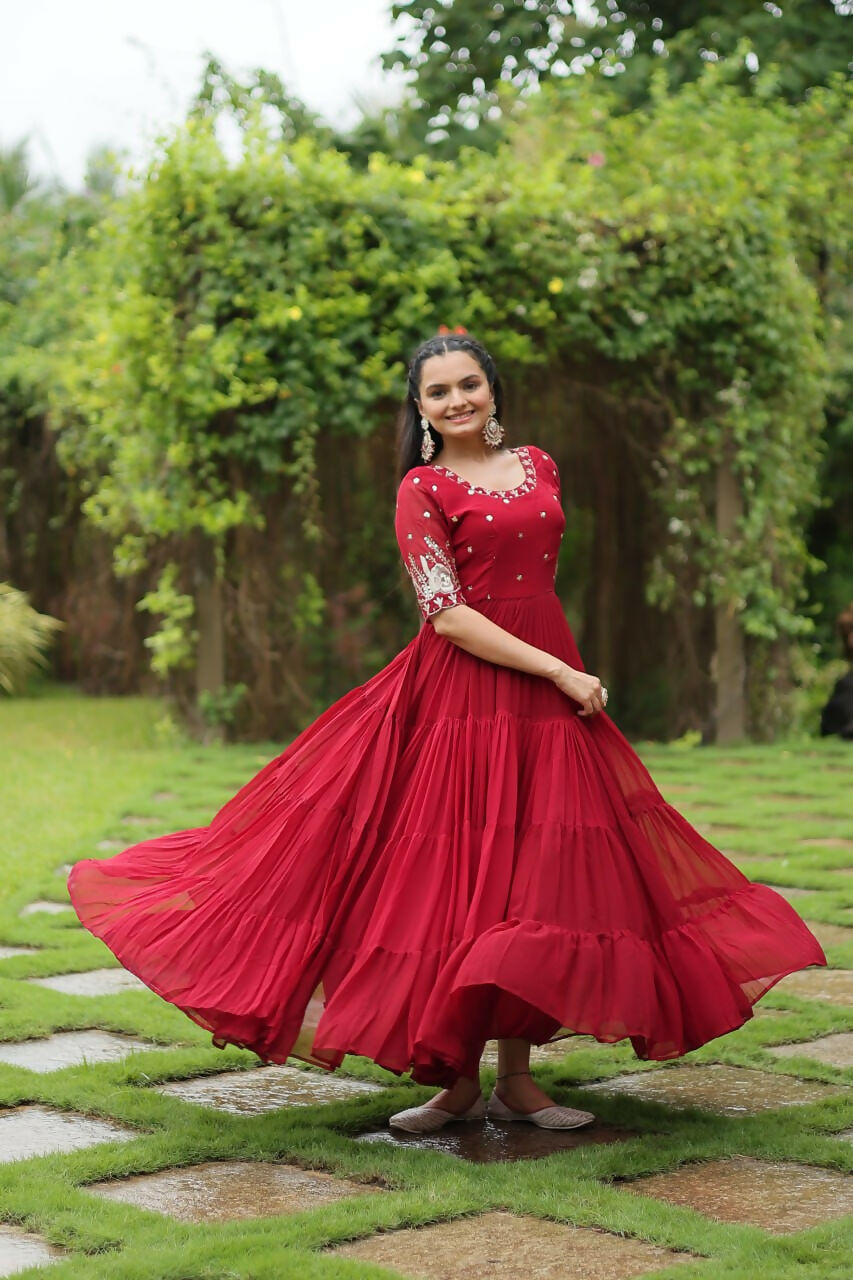 Vastranavya Premium Designer Faux Blooming with Embroidery Zari Sequins work Gown - Red