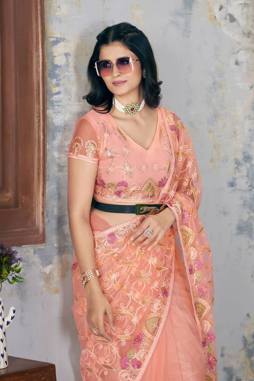Vastranavya Soft Crush Georgette With Embroidery and Foil Multi Thread Work Saree - Peach