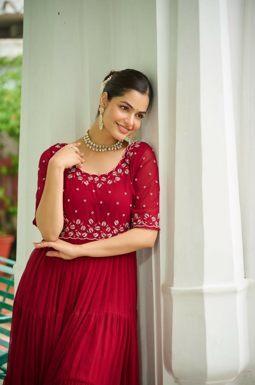 Teeya Creation Maroon Color Faux Georgette Hand Embroidery Work Party Wear Gown