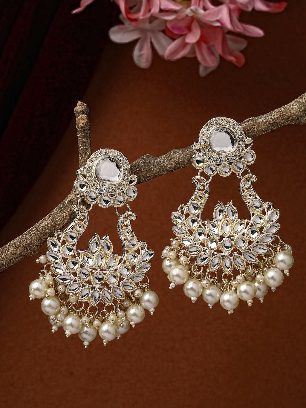 NVR Women Gold-Polished Kundan Chandbali Earrings