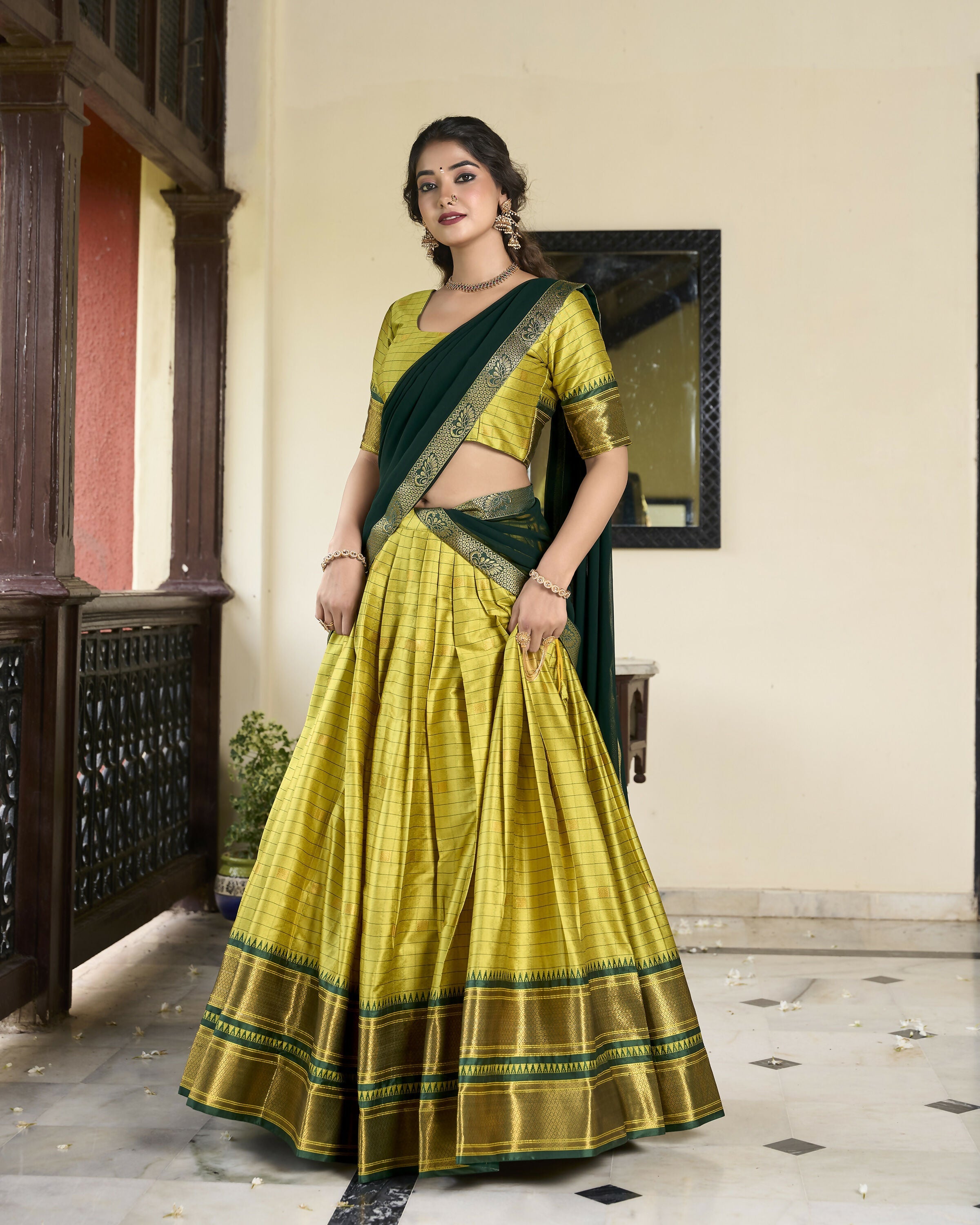 Lorenvalley Parrotgreen Cotton Silk Weaving Work With Paithani Concept Lehenga Choli