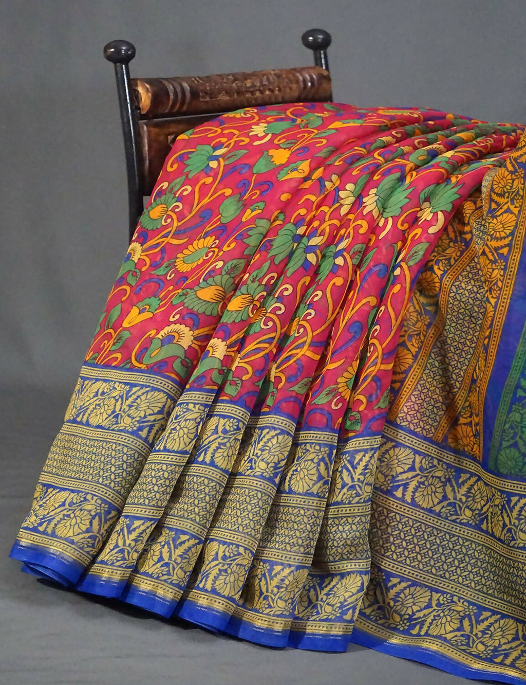Shades Of Rani Pink Kalamkaari Design Semi Chanderi Saree With Contrast Blouse By Gayathri Reddy Designer Studio