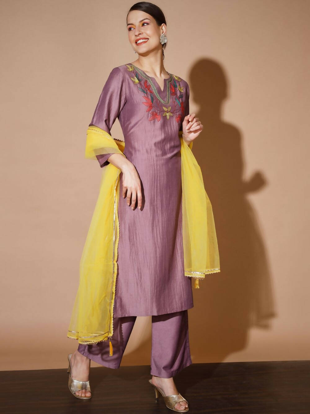 Myshka Mauve Solid Kurta & Palazzos With Dupatta