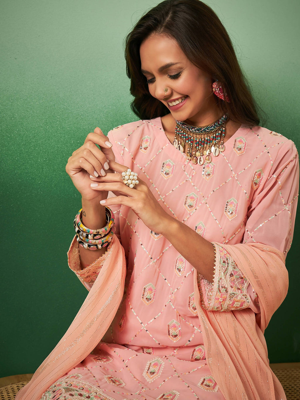 Peach Georgette Handwork Unstitched Dress Material - Hanika