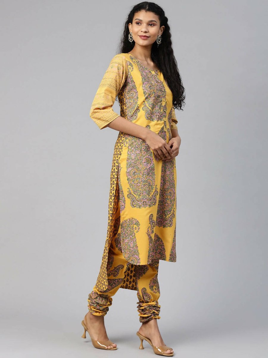 Ahalyaa Women Mustard Crepe Printed Kurta Churidar Set