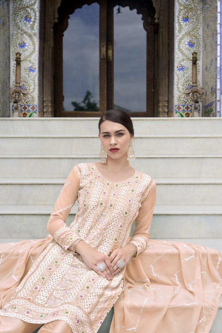 Jyoti Fashion Women's Peach Faux Georgette Heavy Embroidery and Moti Work Kurta Set