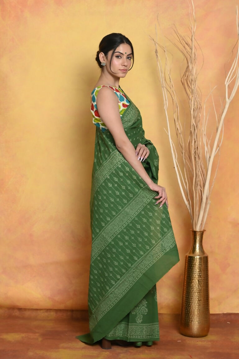 Very Much Indian Handblock Printed Cotton Saree With Natural Dyes - Green