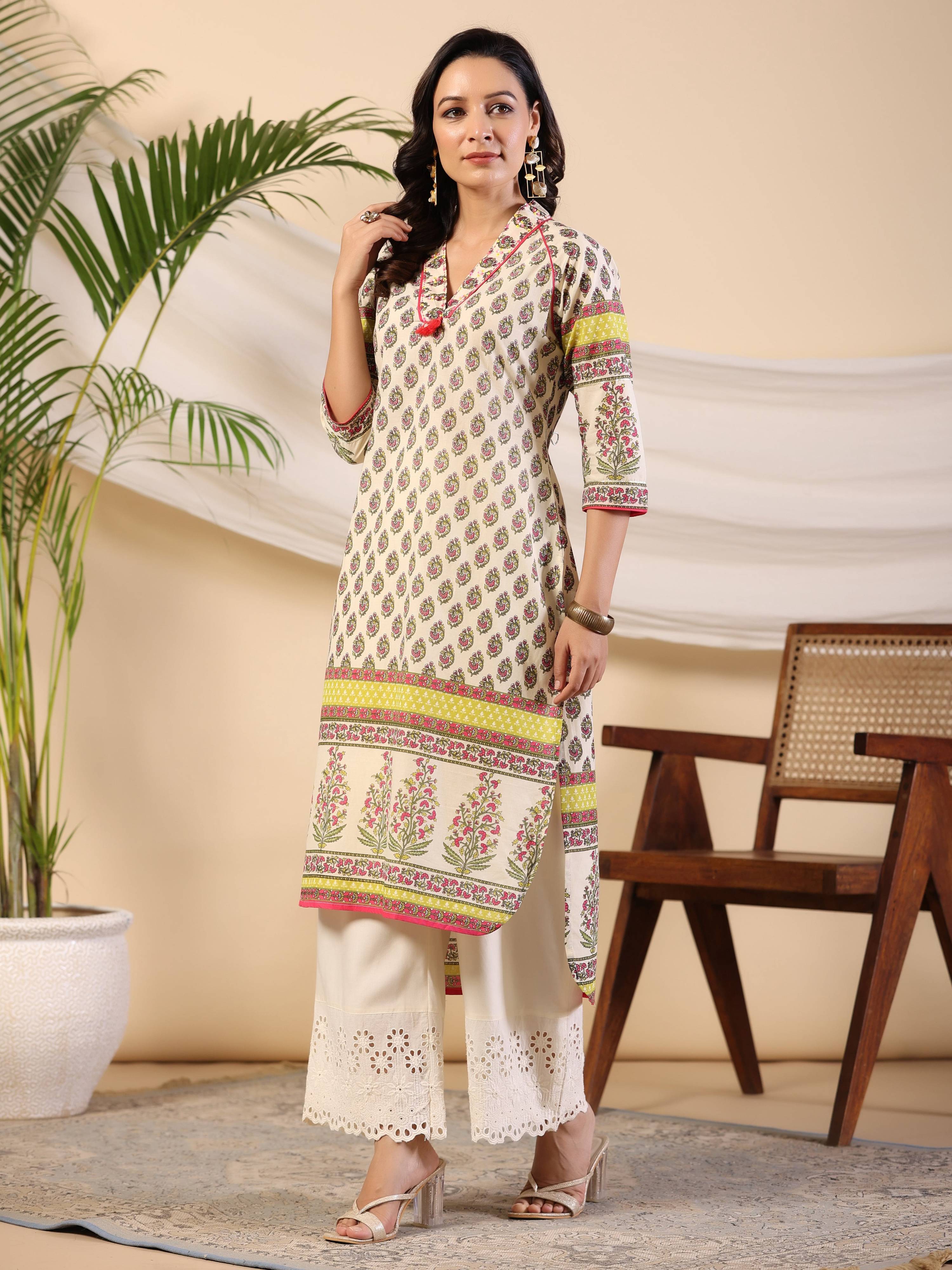 Juniper Women Beige Ethnic Motif Printed High Low Cotton Kurta With Kaudis Tassels & Contract Piping