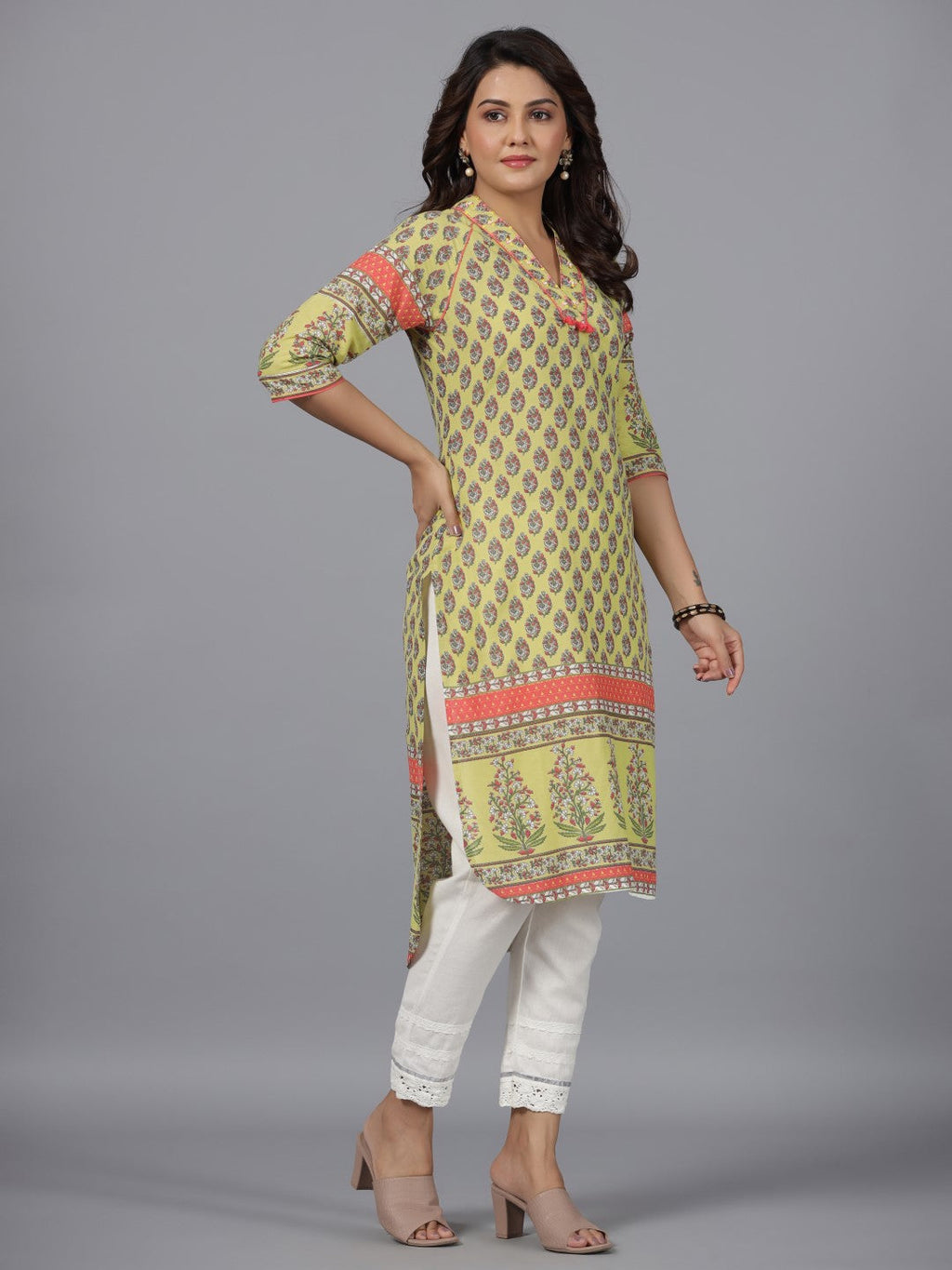 Juniper Women's Women Lime Green Ethnic Motif Printed High Low Cotton Kurta With Kaudis Tassels & Contract Piping