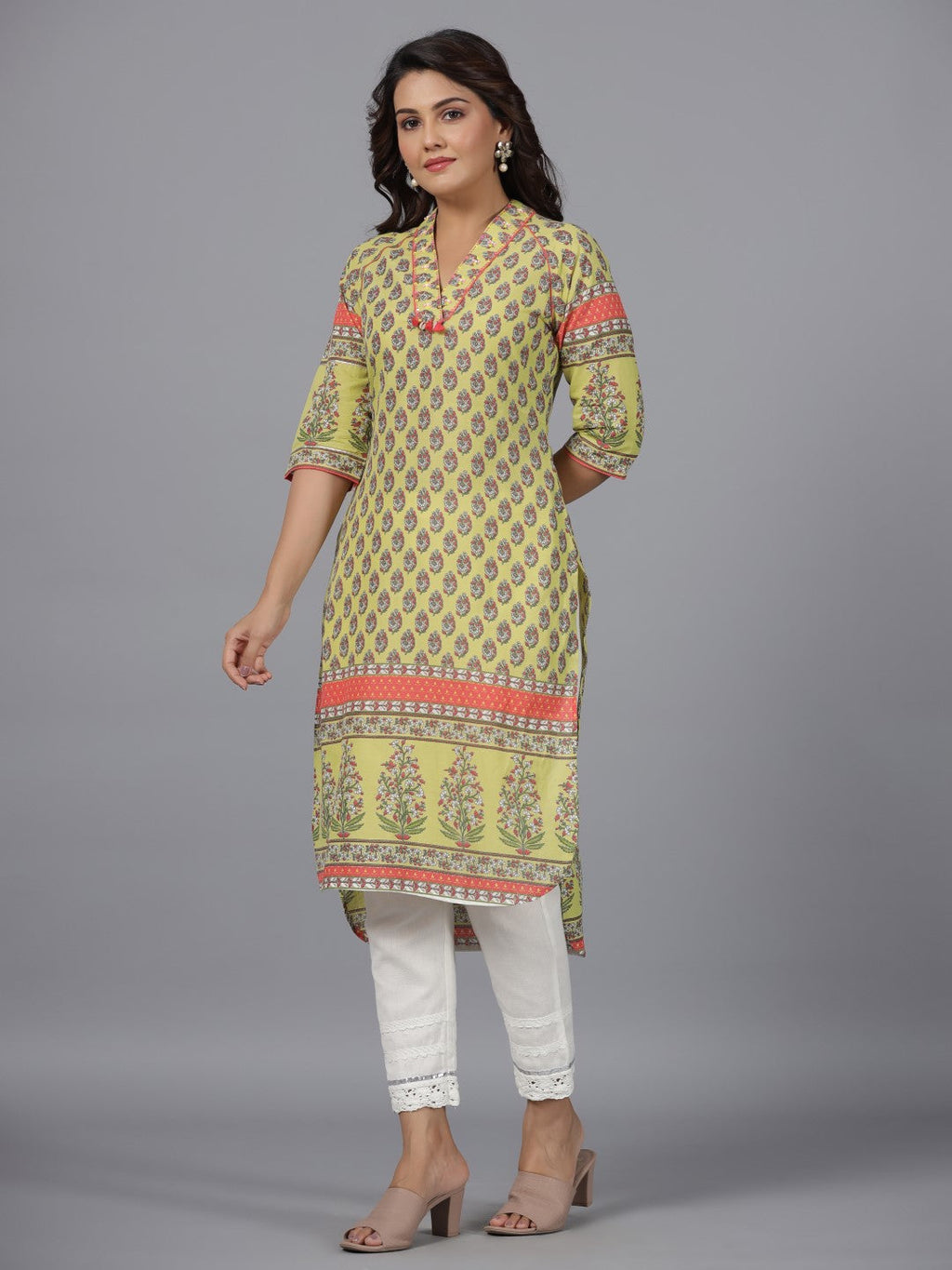 Juniper Women's Women Lime Green Ethnic Motif Printed High Low Cotton Kurta With Kaudis Tassels & Contract Piping