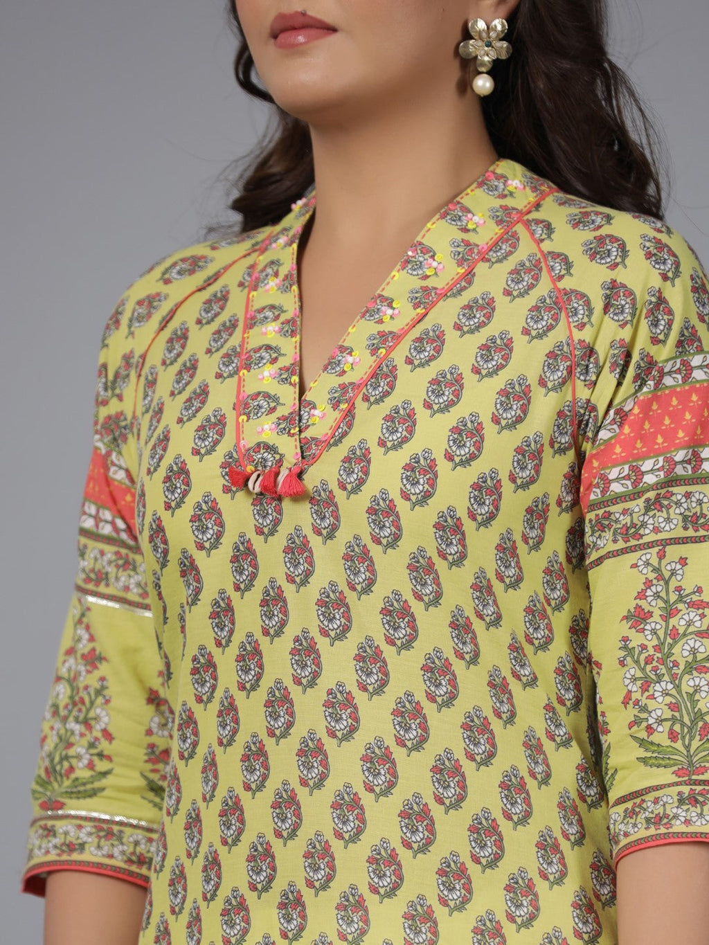Juniper Women's Women Lime Green Ethnic Motif Printed High Low Cotton Kurta With Kaudis Tassels & Contract Piping