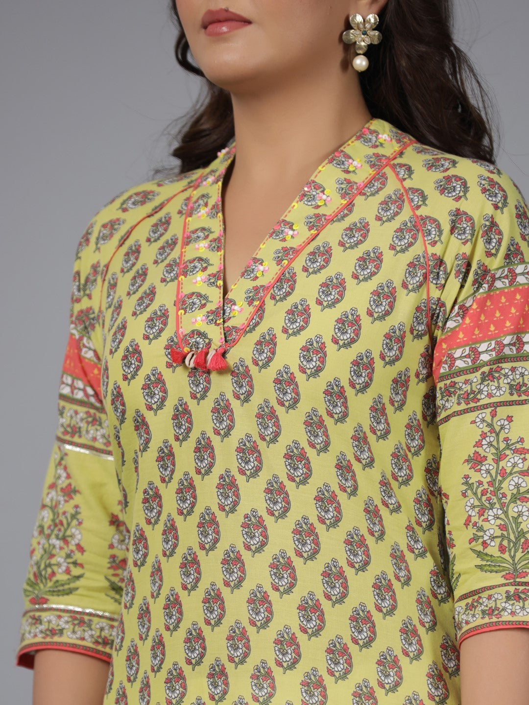 Juniper Women's Women Lime Green Ethnic Motif Printed High Low Cotton Kurta With Kaudis Tassels & Contract Piping
