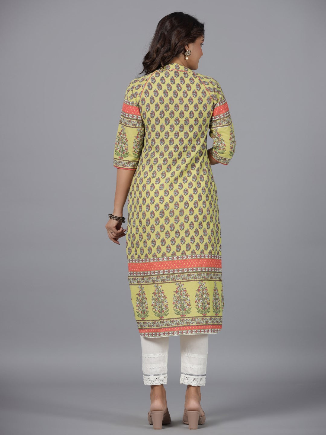 Juniper Women's Women Lime Green Ethnic Motif Printed High Low Cotton Kurta With Kaudis Tassels & Contract Piping