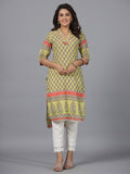 Juniper Women's Women Lime Green Ethnic Motif Printed High Low Cotton Kurta With Kaudis Tassels & Contract Piping