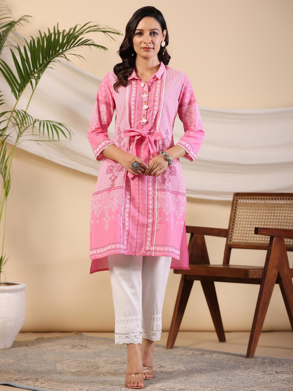 Juniper Women's The Dhara Tie-Up Pink Geometric Printed Cotton Fusion Kurta With Contest 3D Beadwork & Tassels