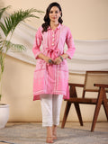 Juniper Women's The Dhara Tie-Up Pink Geometric Printed Cotton Fusion Kurta With Contest 3D Beadwork & Tassels