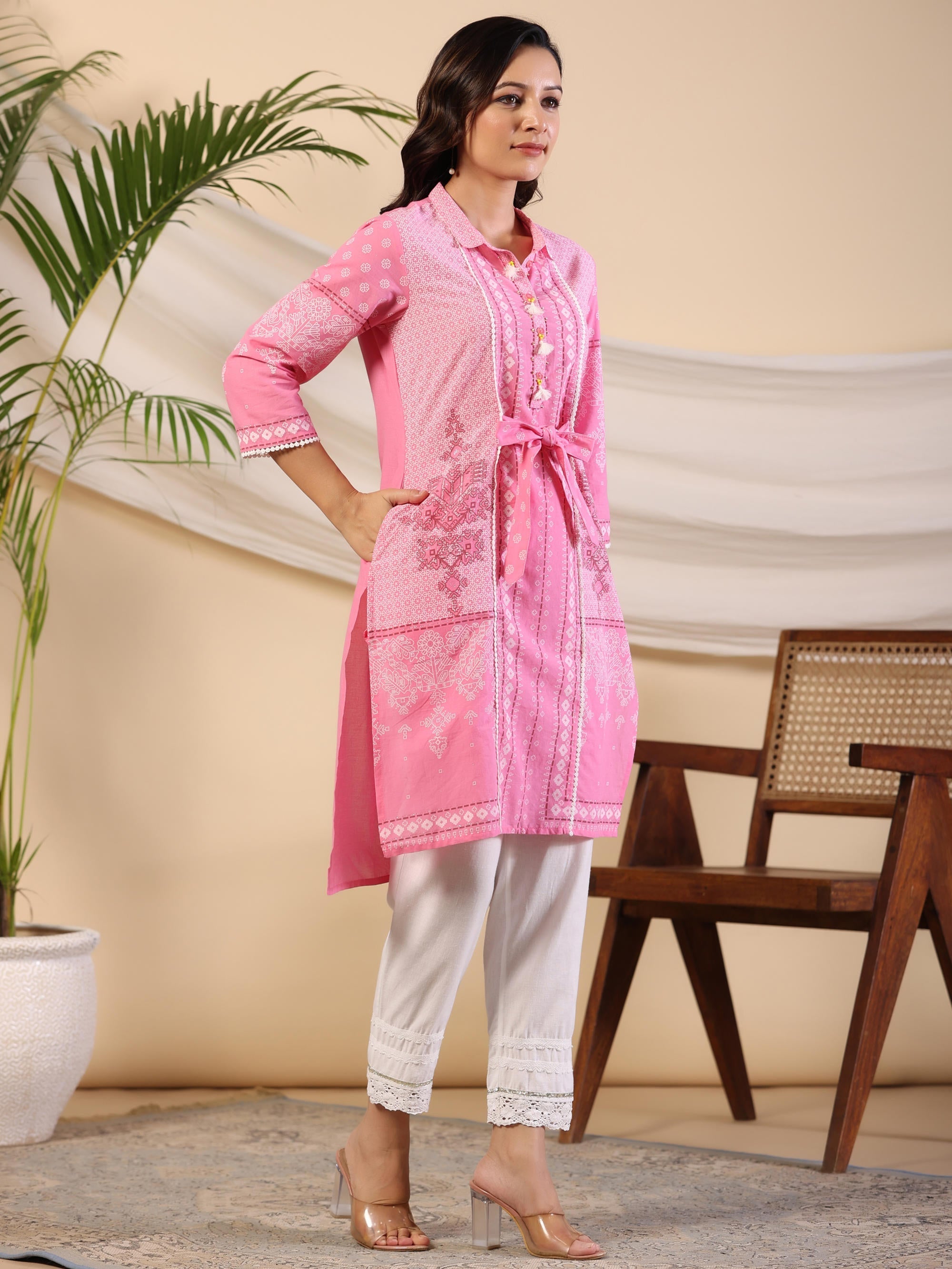 Juniper Women's The Dhara Tie-Up Pink Geometric Printed Cotton Fusion Kurta With Contest 3D Beadwork & Tassels