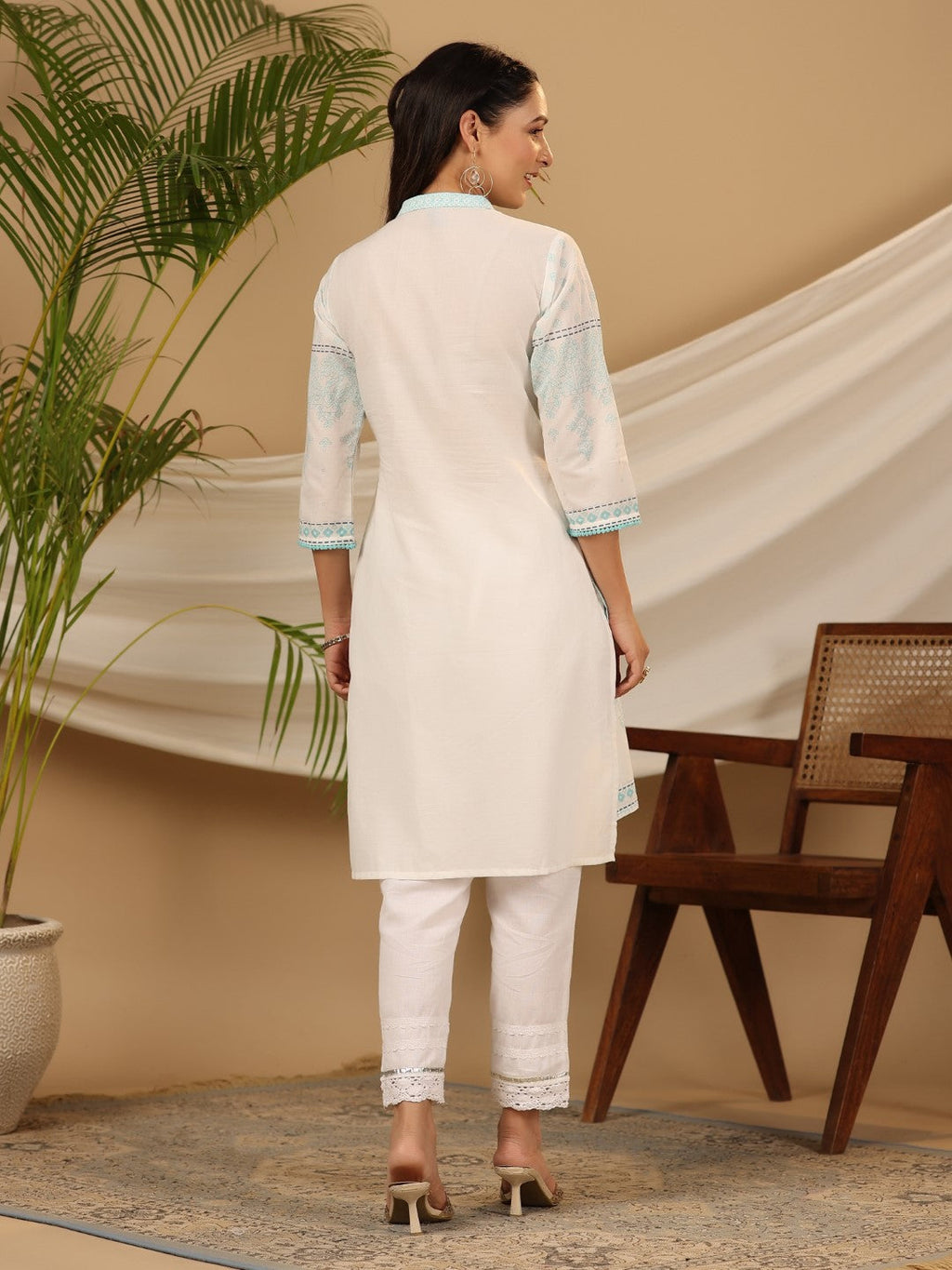 Juniper Women's The Dhara Tie-Up Sky Blue Geometric Printed Cotton Fusion Kurta With Contest 3D Beadwork & Tassels