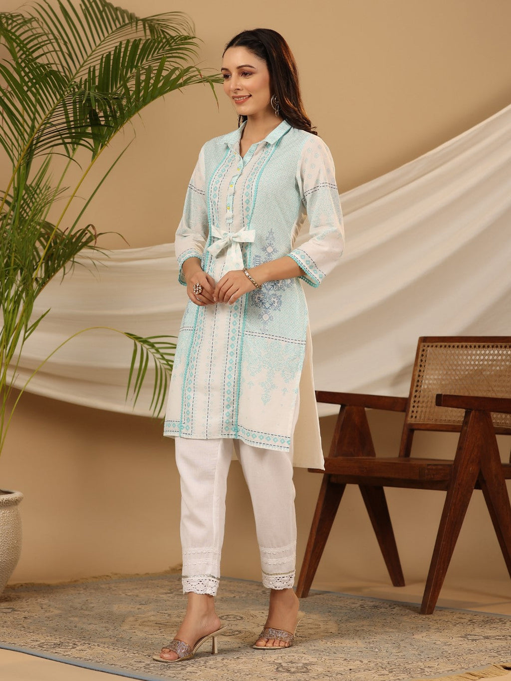 Juniper Women's The Dhara Tie-Up Sky Blue Geometric Printed Cotton Fusion Kurta With Contest 3D Beadwork & Tassels