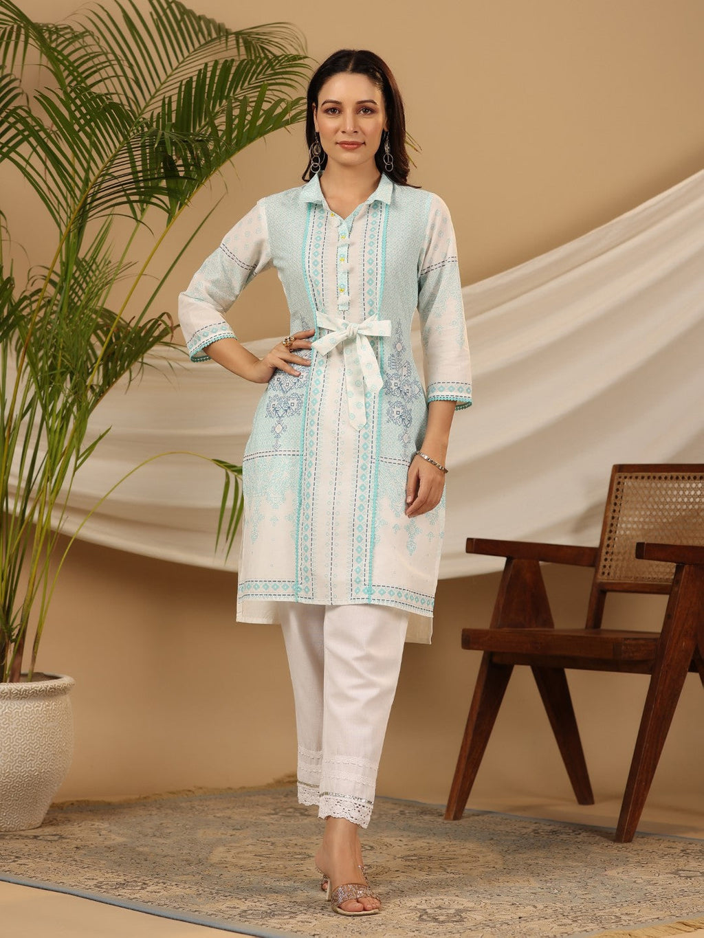 Juniper Women's The Dhara Tie-Up Sky Blue Geometric Printed Cotton Fusion Kurta With Contest 3D Beadwork & Tassels