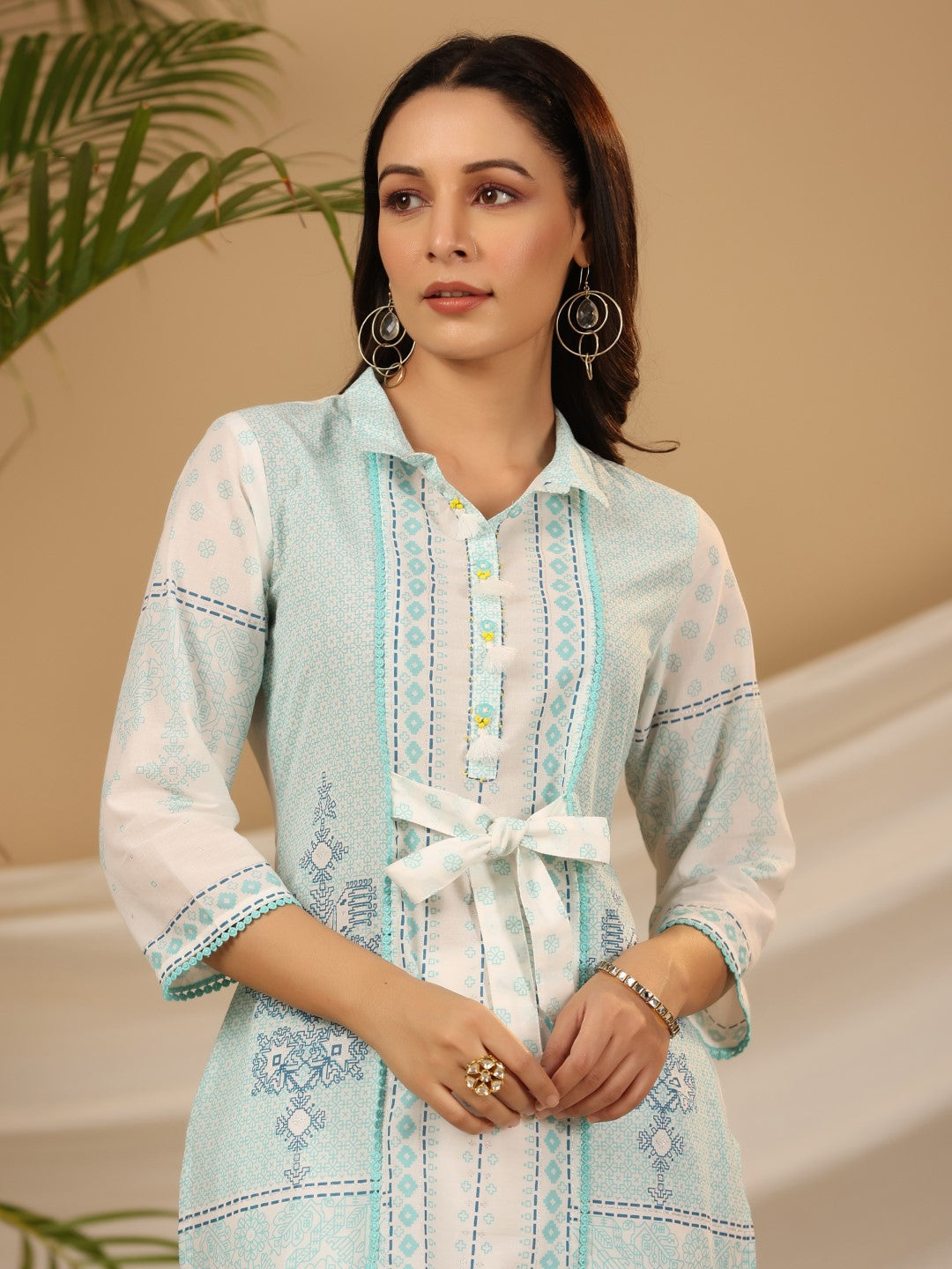 Juniper Women's The Dhara Tie-Up Sky Blue Geometric Printed Cotton Fusion Kurta With Contest 3D Beadwork & Tassels