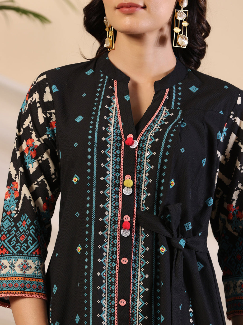 Juniper Black Geometric Printed Cotton Fusion Kurta With Contrast 3D Beadwork Side Tie-Ups & Coins