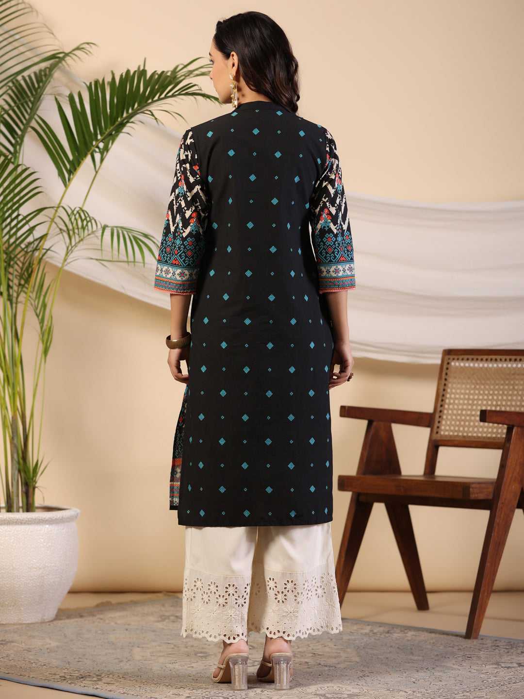 Juniper Black Geometric Printed Cotton Fusion Kurta With Contrast 3D Beadwork Side Tie-Ups & Coins