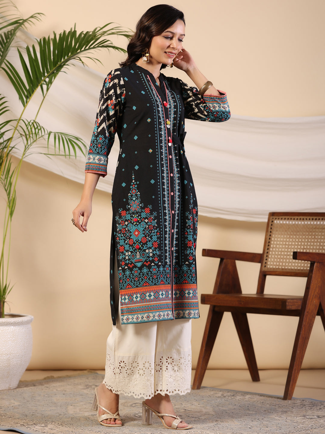 Juniper Black Geometric Printed Cotton Fusion Kurta With Contrast 3D Beadwork Side Tie-Ups & Coins