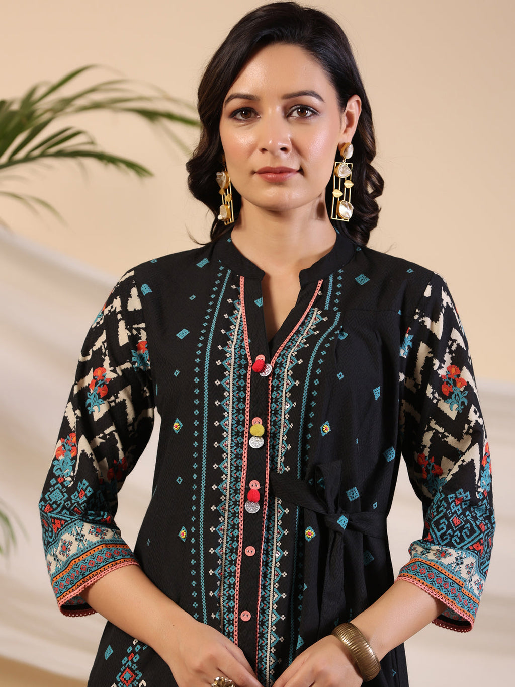 Juniper Black Geometric Printed Cotton Fusion Kurta With Contrast 3D Beadwork Side Tie-Ups & Coins