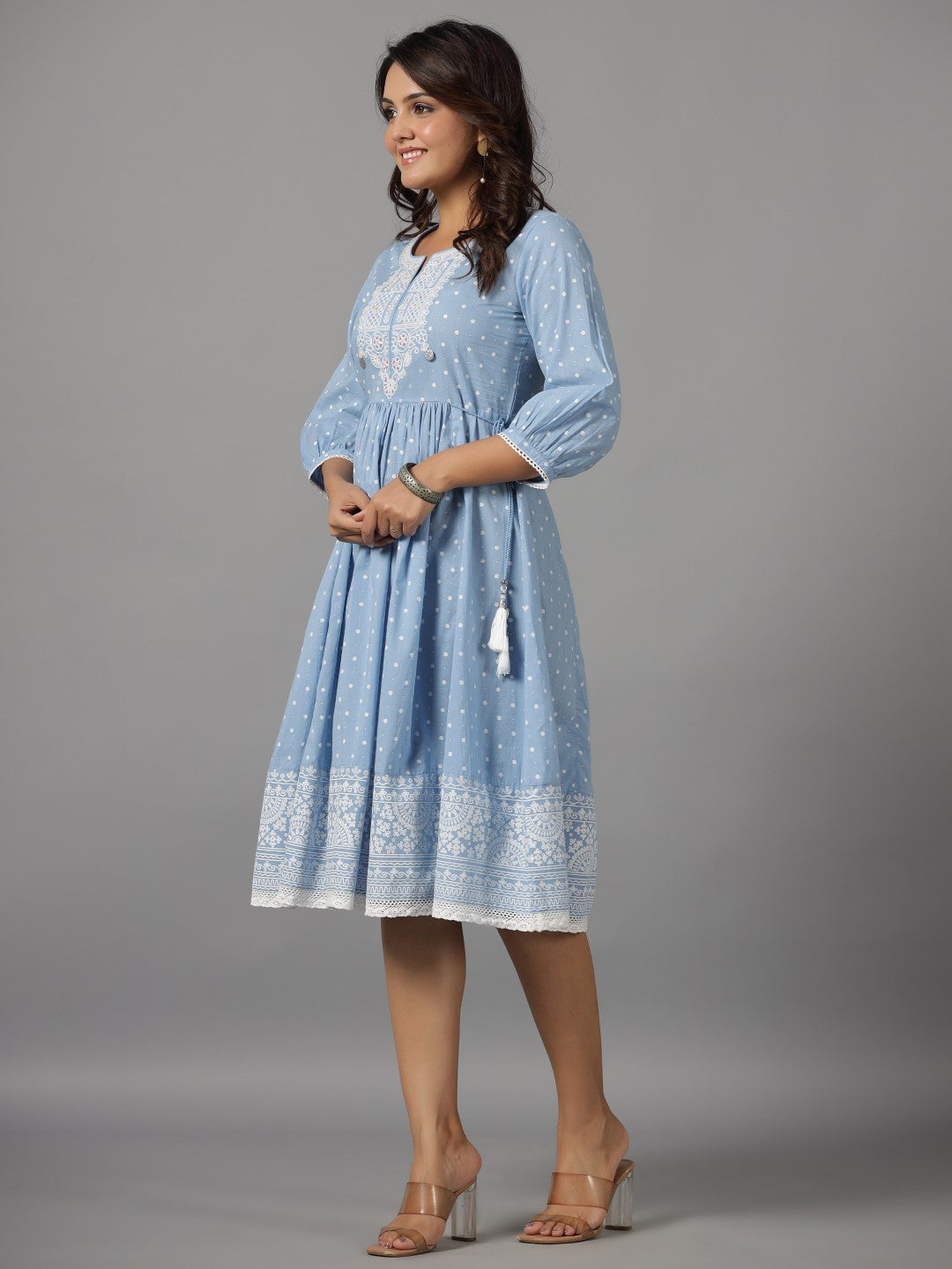 Juniper Women's Sky Blue Ethnic Motif Printed Pure Cotton Dress With Beads & Sequins Work