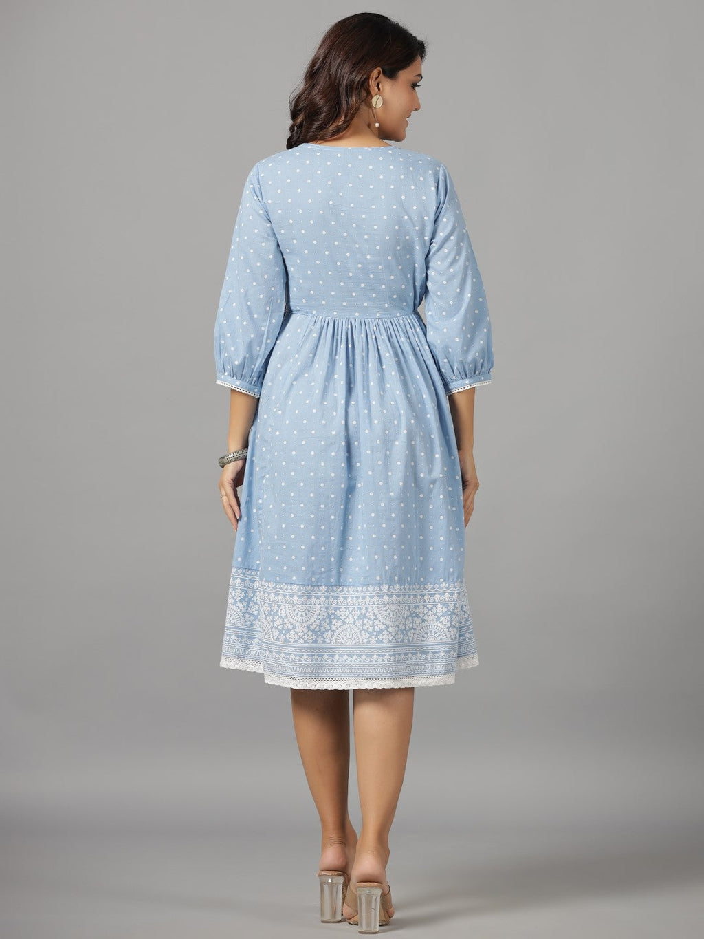 Juniper Women's Sky Blue Ethnic Motif Printed Pure Cotton Dress With Beads & Sequins Work