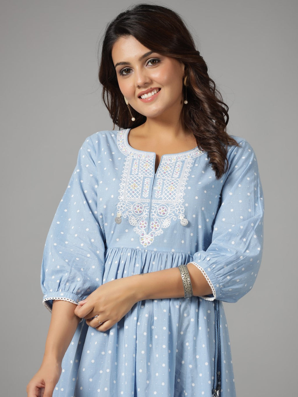 Juniper Women's Sky Blue Ethnic Motif Printed Pure Cotton Dress With Beads & Sequins Work