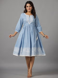 Juniper Women's Sky Blue Ethnic Motif Printed Pure Cotton Dress With Beads & Sequins Work