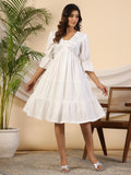 Juniper Women's White Pure Cotton Alia Cut Mirror Work Tiered Midi Dress With Lining