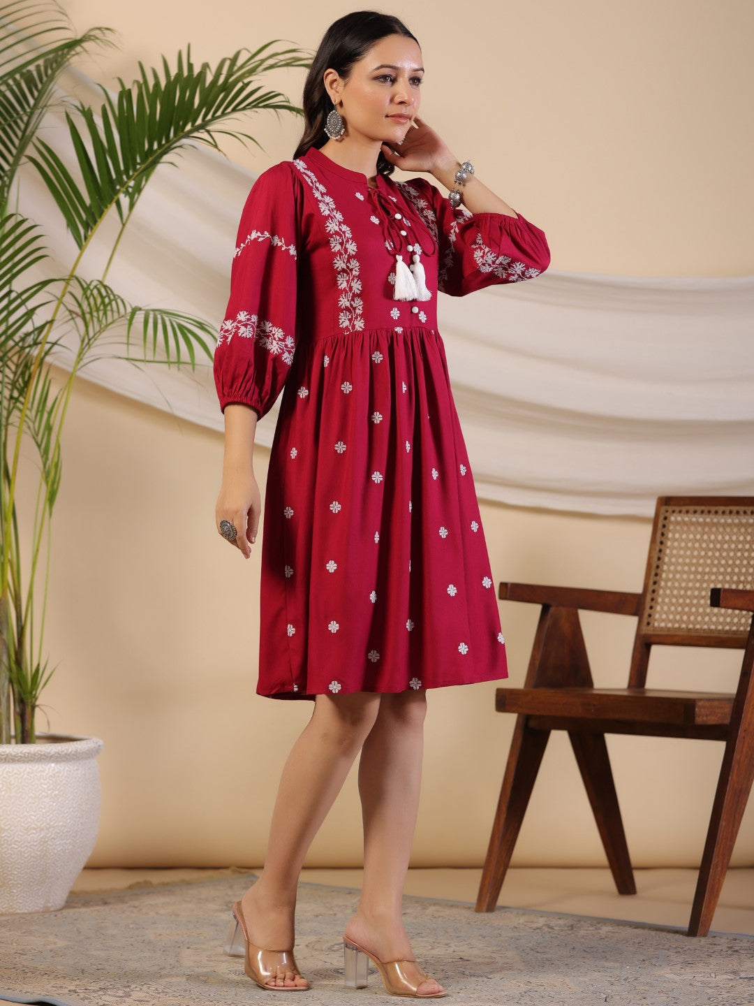 Juniper Women Wine Rayon Embroidered Short Dress