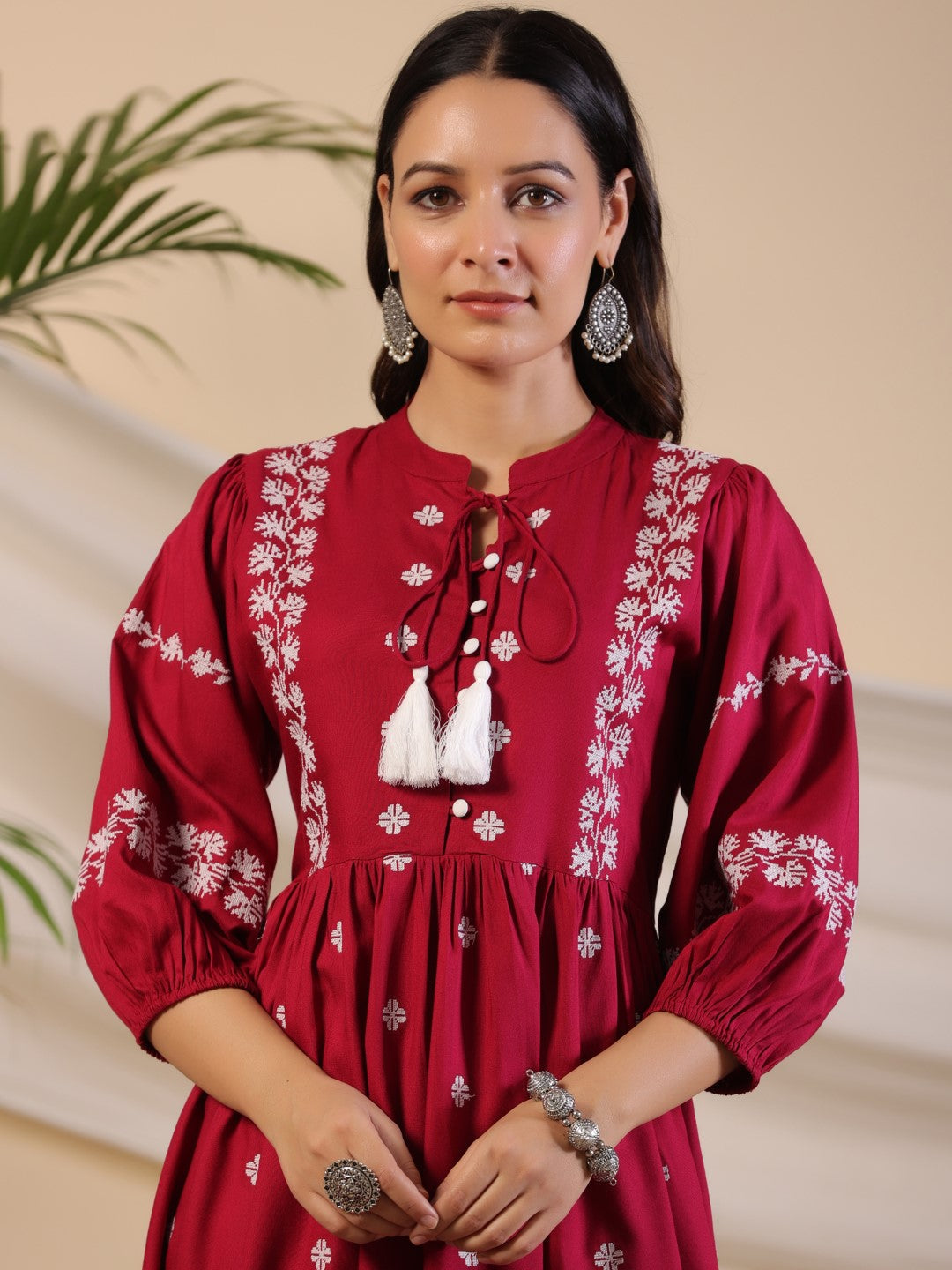 Juniper Women Wine Rayon Embroidered Short Dress