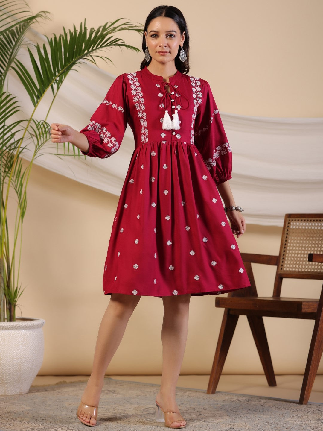 Juniper Women Wine Rayon Embroidered Short Dress