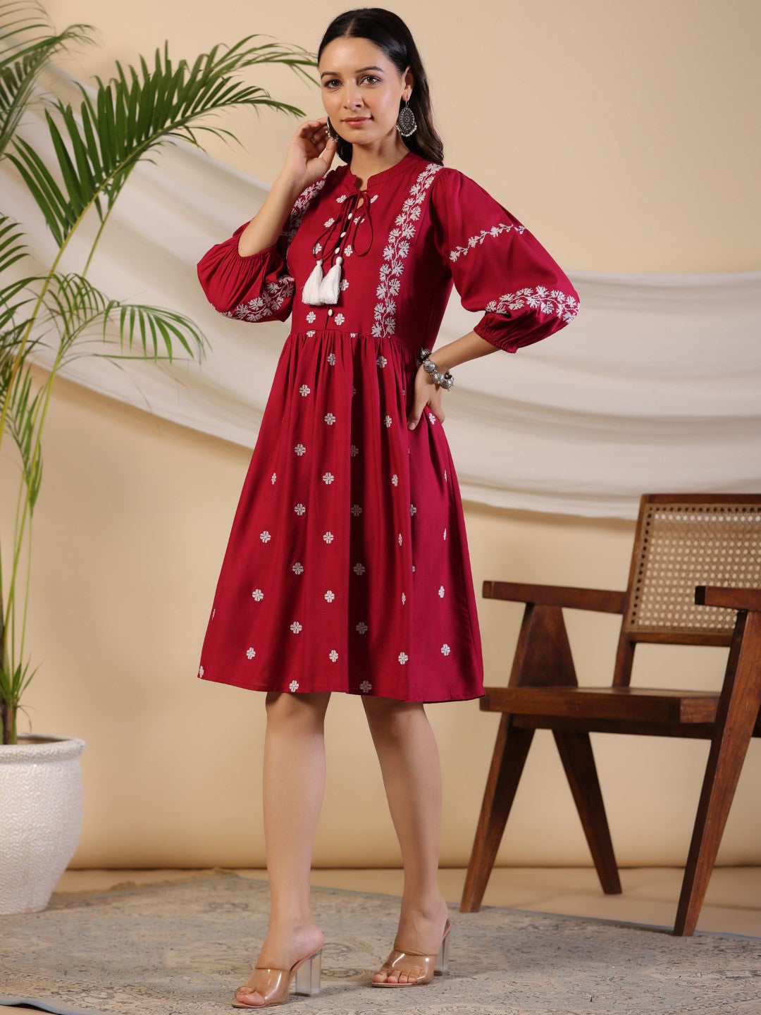 Juniper Women Wine Rayon Embroidered Short Dress