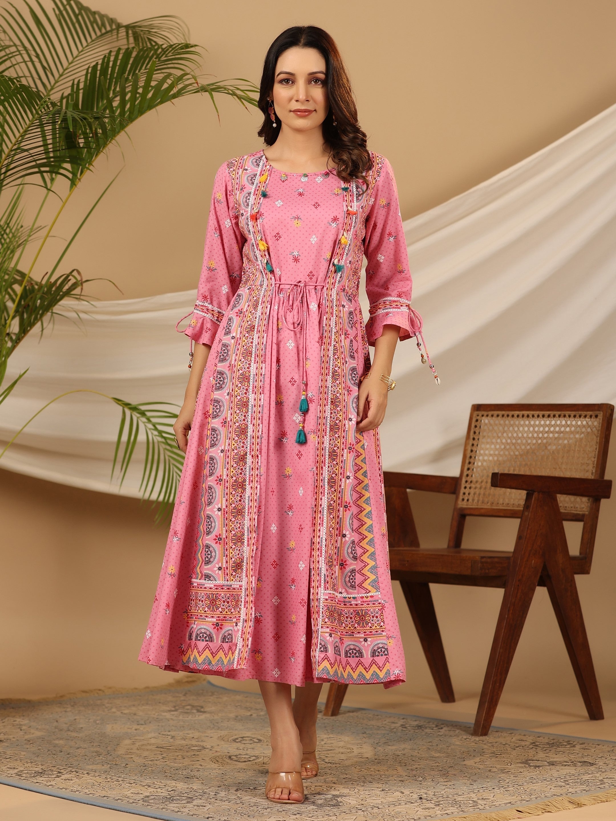 Juniper Women Pink Rayon Printed Flared Jacket Style Maxi Dress