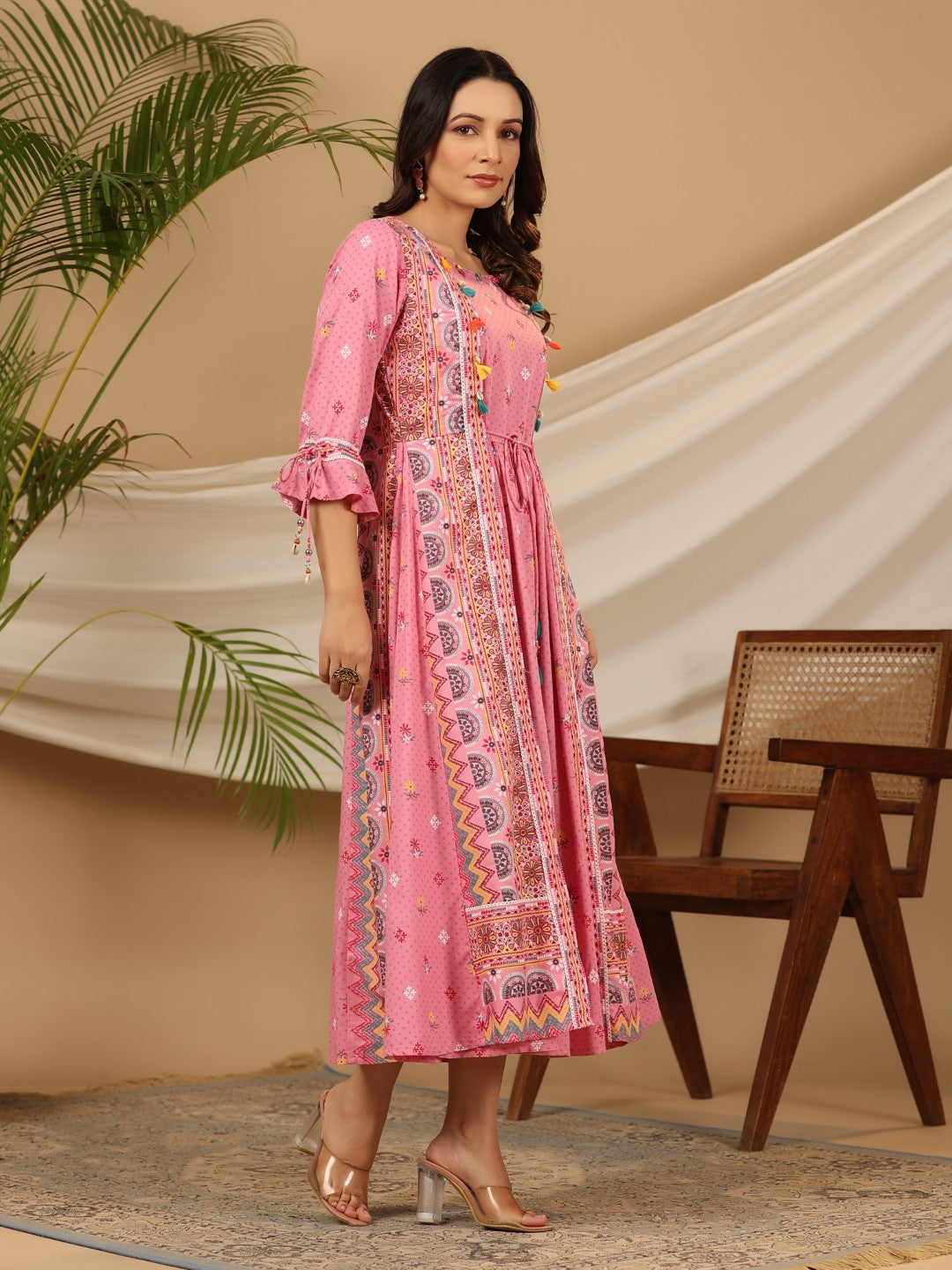 Juniper Women Pink Rayon Printed Flared Jacket Style Maxi Dress