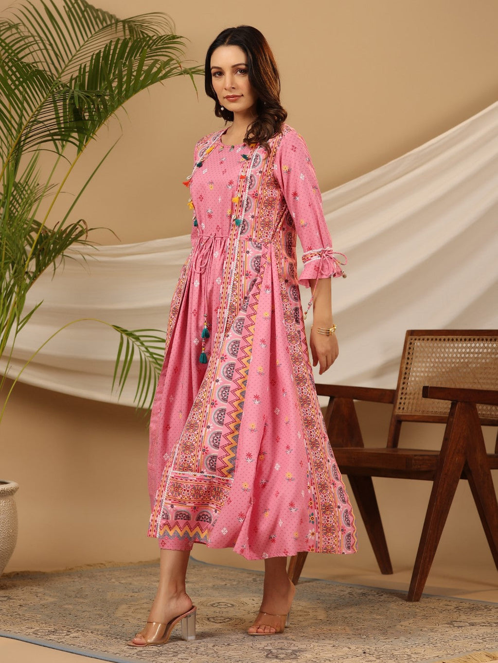 Juniper Women Pink Rayon Printed Flared Jacket Style Maxi Dress