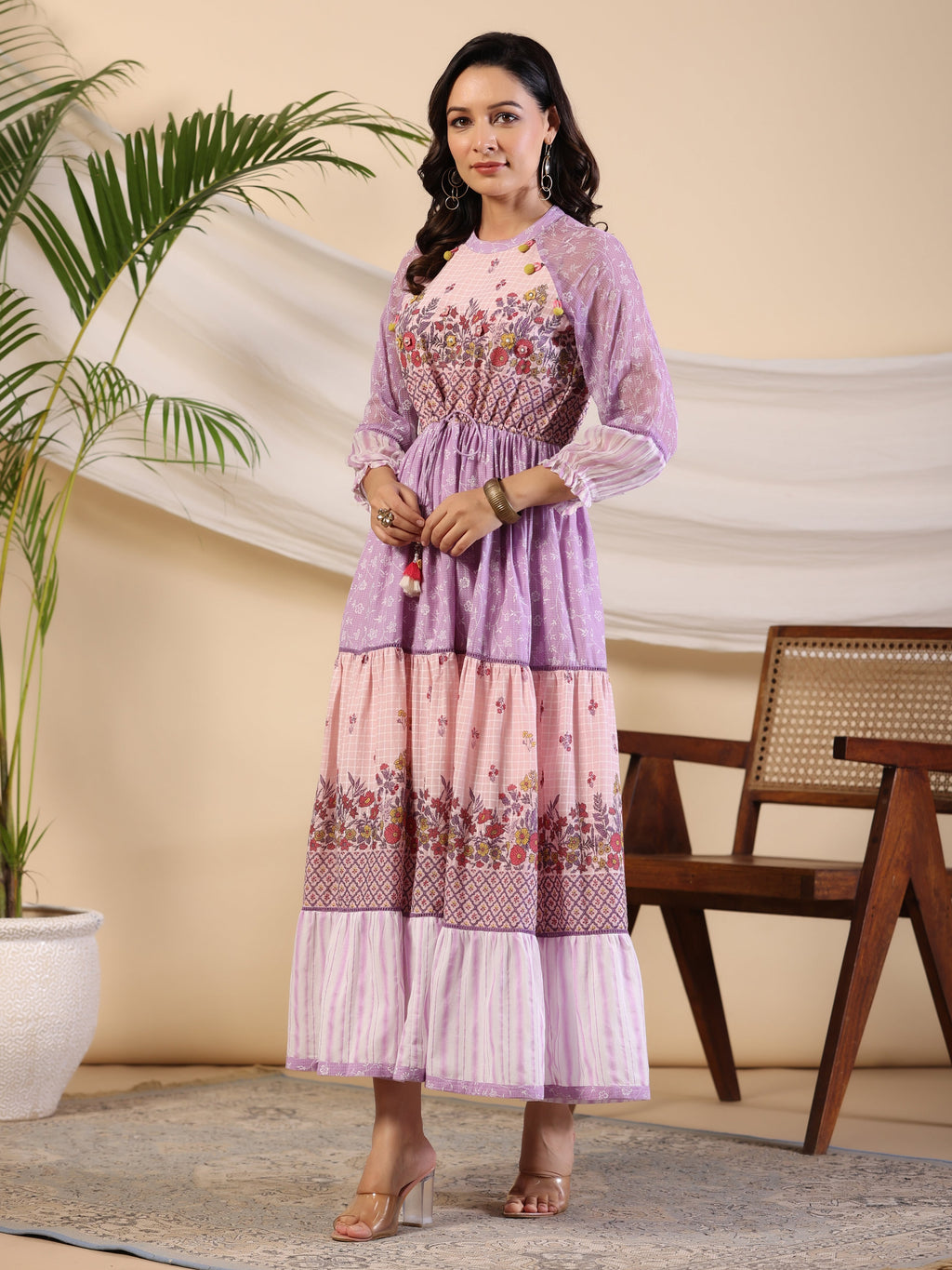 Juniper Purple Wonderland Cotton & Chiffon Floral Printed Tiered Maxi Dress With Lace & 3D Handwork